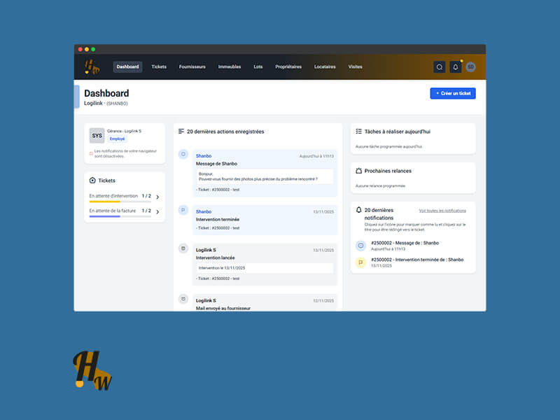 page de dashboard du logiciel